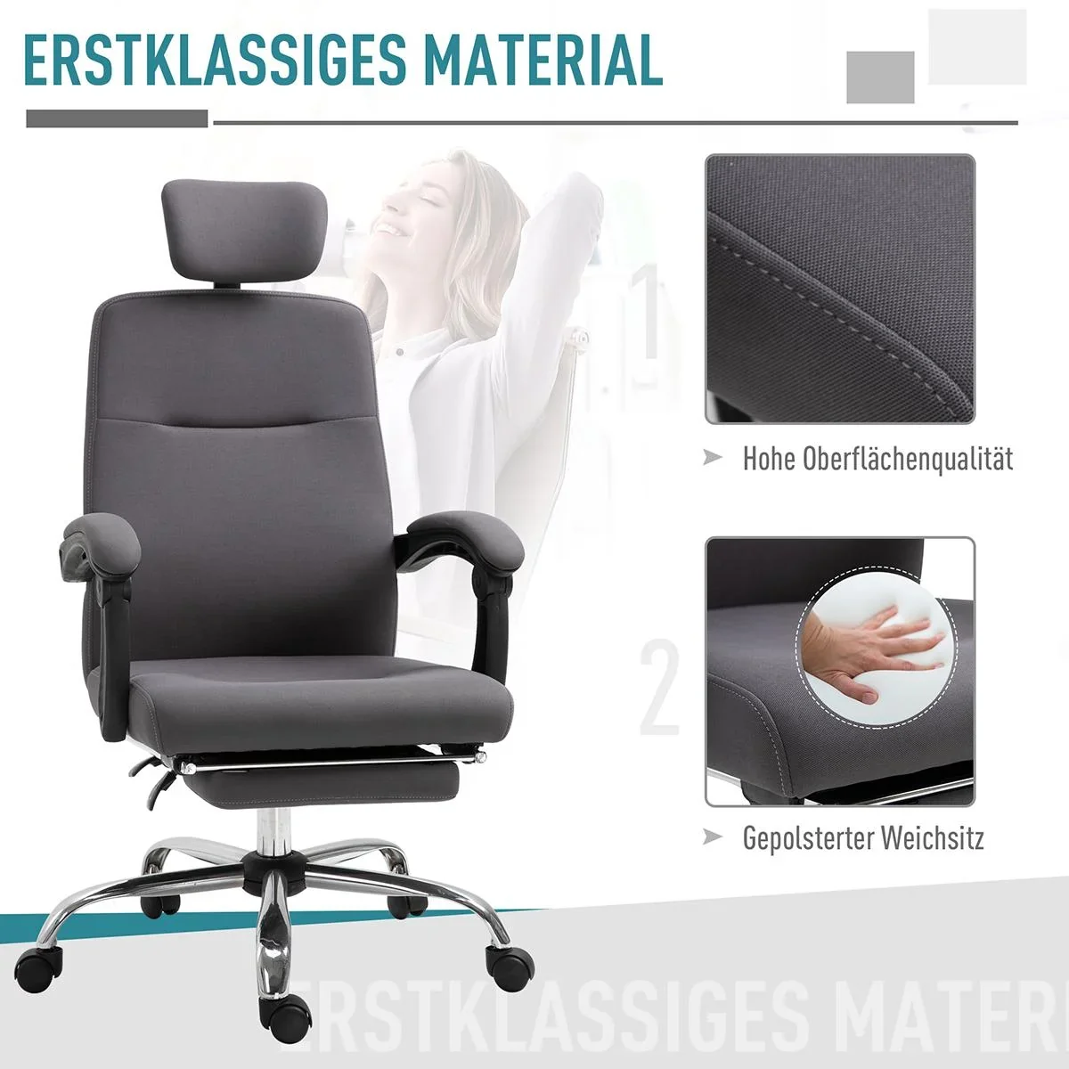 Bürostuhl mit Fußstütze&verstellbarer Kopfstütze, Ergonomisch höhenverstellbar, Grau, 62 x 64,5 x 120-135 cm - 3