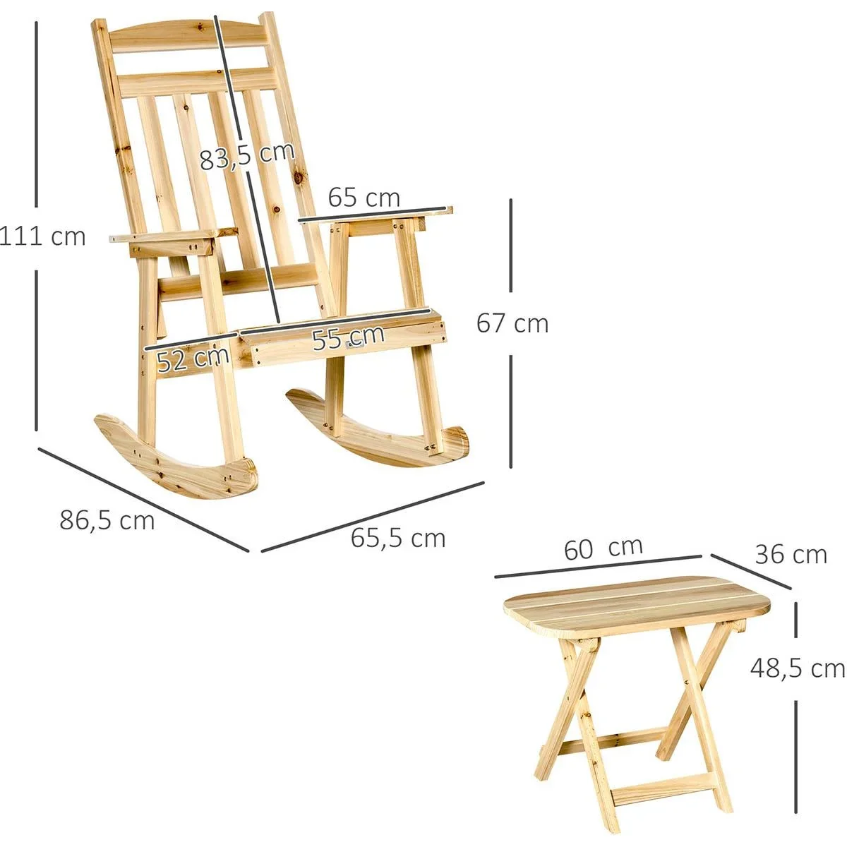 Holzschaukelstuhl mit Beistelltisch 2-teiliges Schaukelstuhlset mit Armlehnen und hoher Rückenlehne - 1