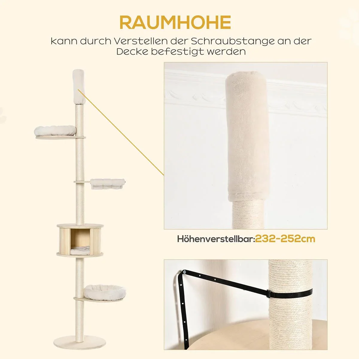 Kratzbaum Katzenbaum Deckenhoch Kletterbaum mit holz Katzenhöhle Sisal Plüsch höhenverstellbar Creme 50 x 50 x 232-252 c - 0