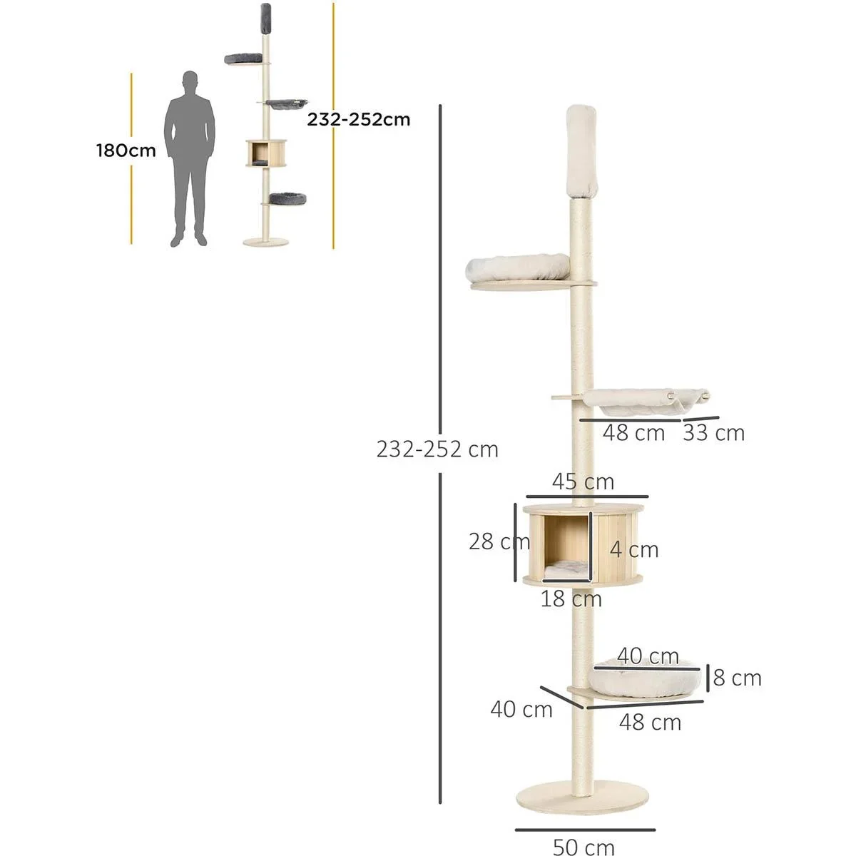 Kratzbaum Katzenbaum Deckenhoch Kletterbaum mit holz Katzenhöhle Sisal Plüsch höhenverstellbar Creme 50 x 50 x 232-252 c - 2