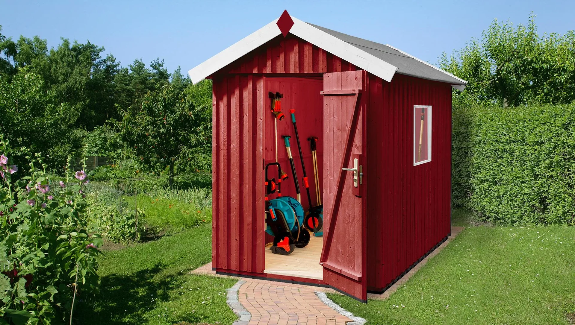 Schwedenhaus Gr.2, L x B x H 200 x 286 x 220 cm, sägerauh, schwedenrot, mit Einzeltür und Fenster - 1