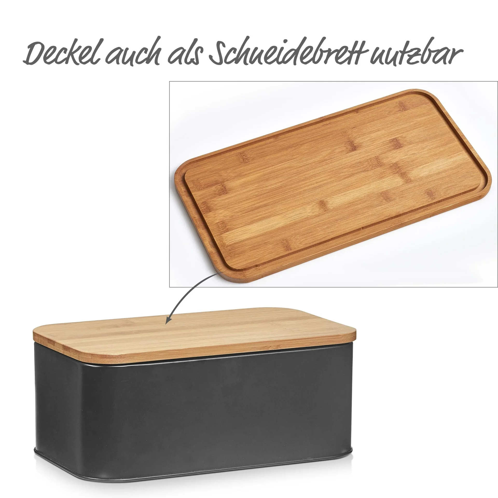 Brotkasten mit Bambusdeckel, Metall, matt schwarz - 1