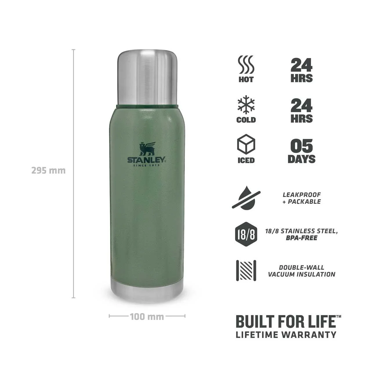 Adventure Vakuum-Flasche, 1,0 l, Edelstahl, Hammertone grün, Vakuum-Isolation, isolierter Trinkbecher - 3