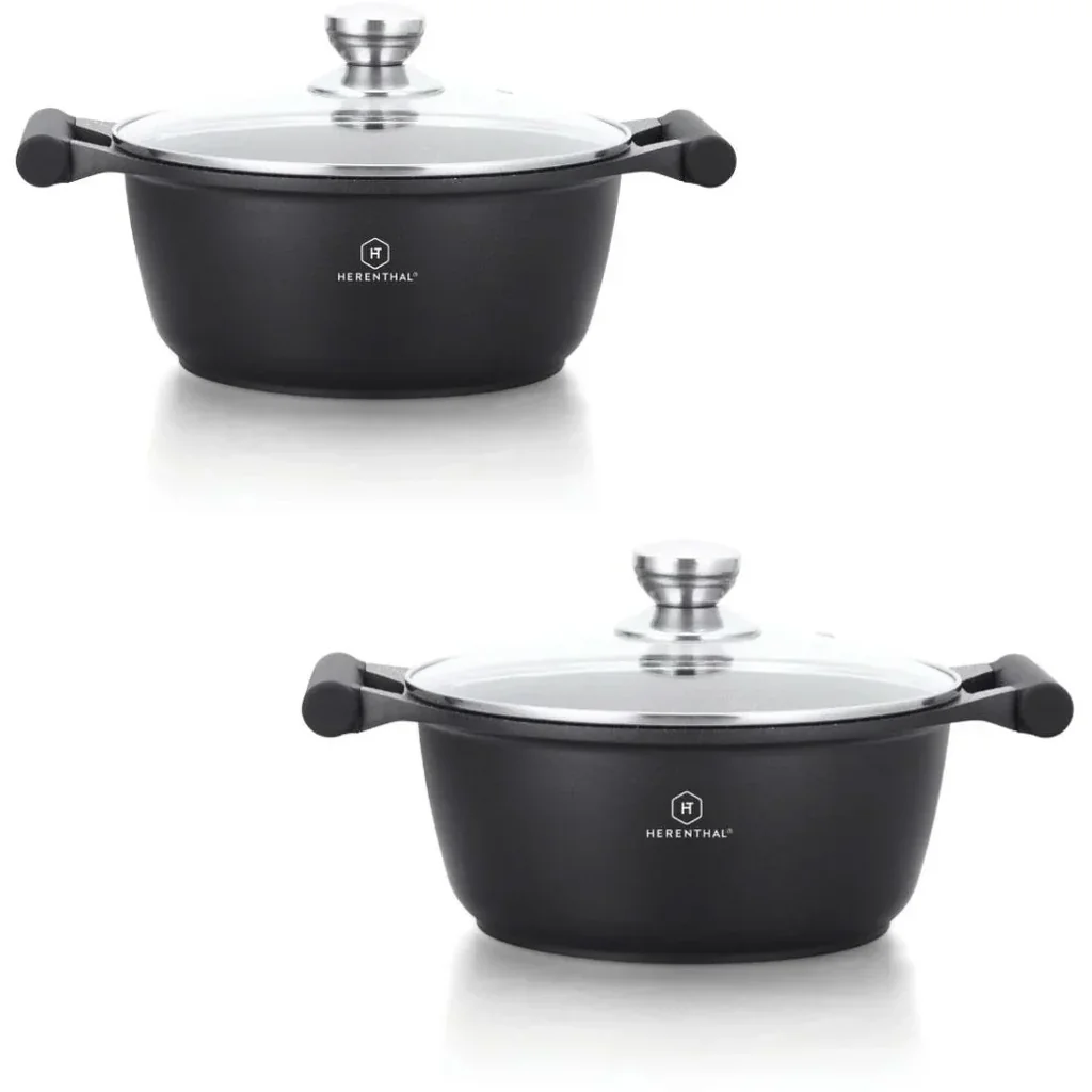 Herenthal 2-teiliges Kochgeschirrset - Schmorpfanne - 24cm, 26cm - Marmorbeschichtung - mit Glasdeckel