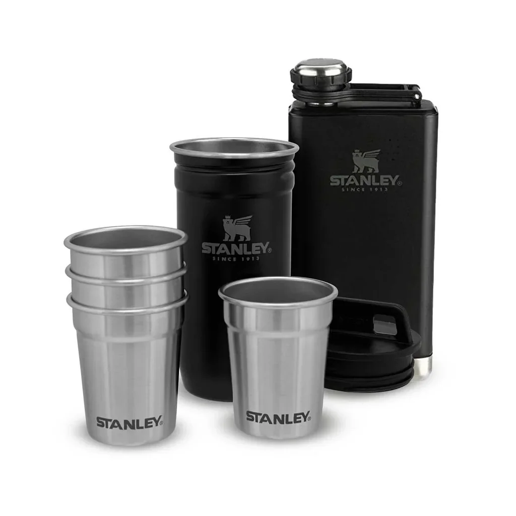 Adventure Shot & Flask Gift Set, Flasche 236 ml, 4 Edelstahl-Pinnchen, 59 ml, Edelstahlbehälter matt schwarz