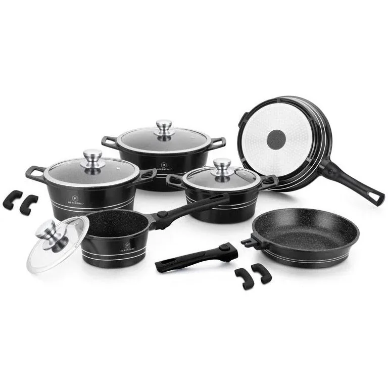 Herenthal 14-teiliges Kochgeschirr-Set - Marmorbeschichtung - Schwarz