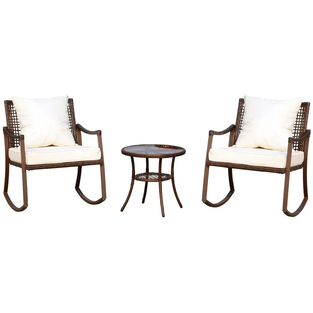 Gartengarnitur Schaukelstuhl Set 7 tlg, Rattan Braun