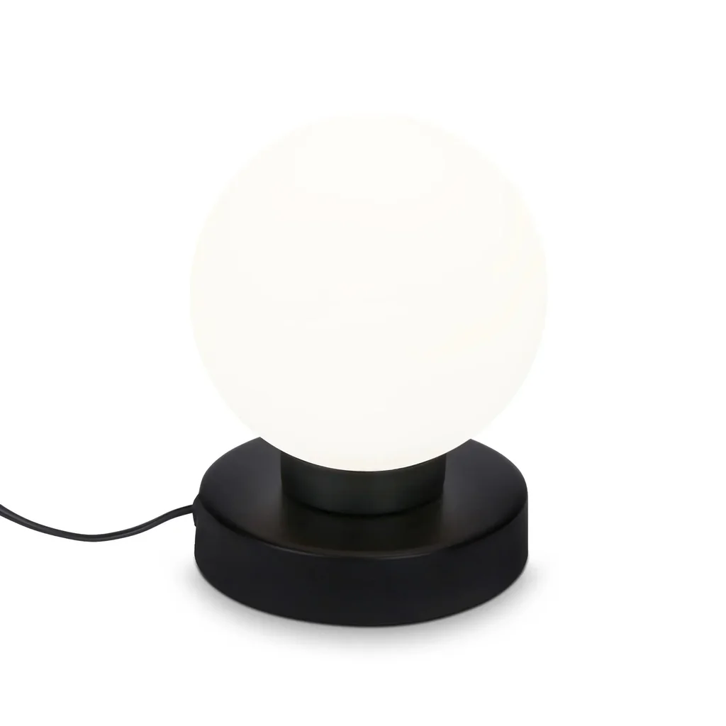 PULU Tischleuchte, Metallsockel schwarz, Opal Glas, Kabelschalter, E14 Fassung