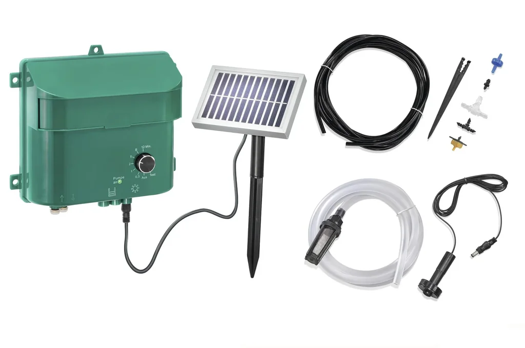 Solar Bewässerungsset mit Akku, Panel, Pumpe, Schlauch, Düsen etc.