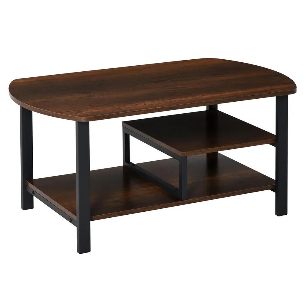 Couchtisch mit Ablageflächen industrieller Stil, E1 Spanplatte, Stahl, Braun, 100L x 60B x 46H cm