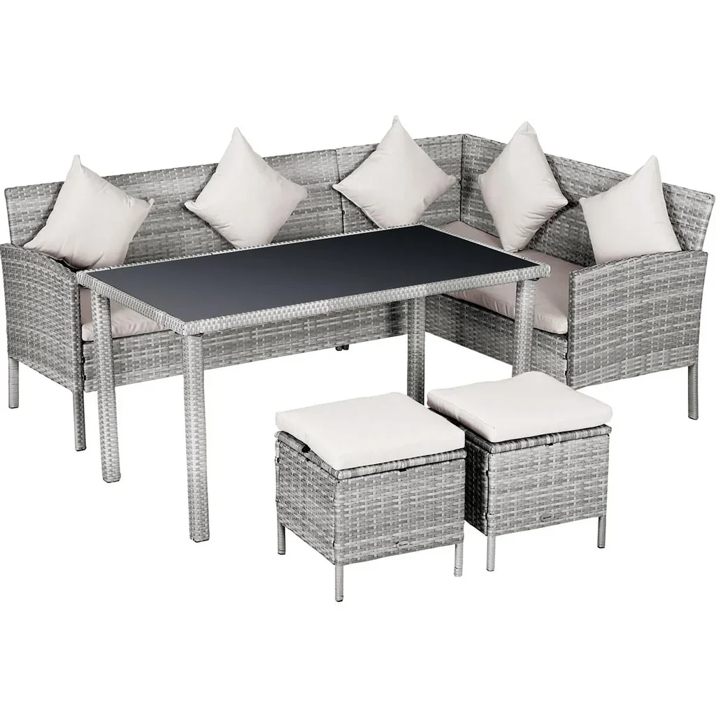 5-tlg. Gartenmöbel Set, Rattan Sitzgruppe mit Fußhocker, Metall, Grau, 134 x 60 x 75 cm