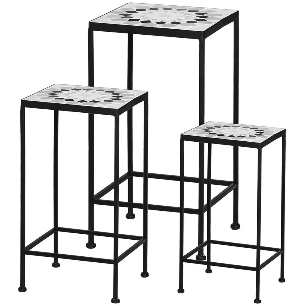 Blumenständer 3er Set aus Metall keramische Fliesen Stapelbar Pflanzenhocker für Blumentopf Schwarz+Weiß