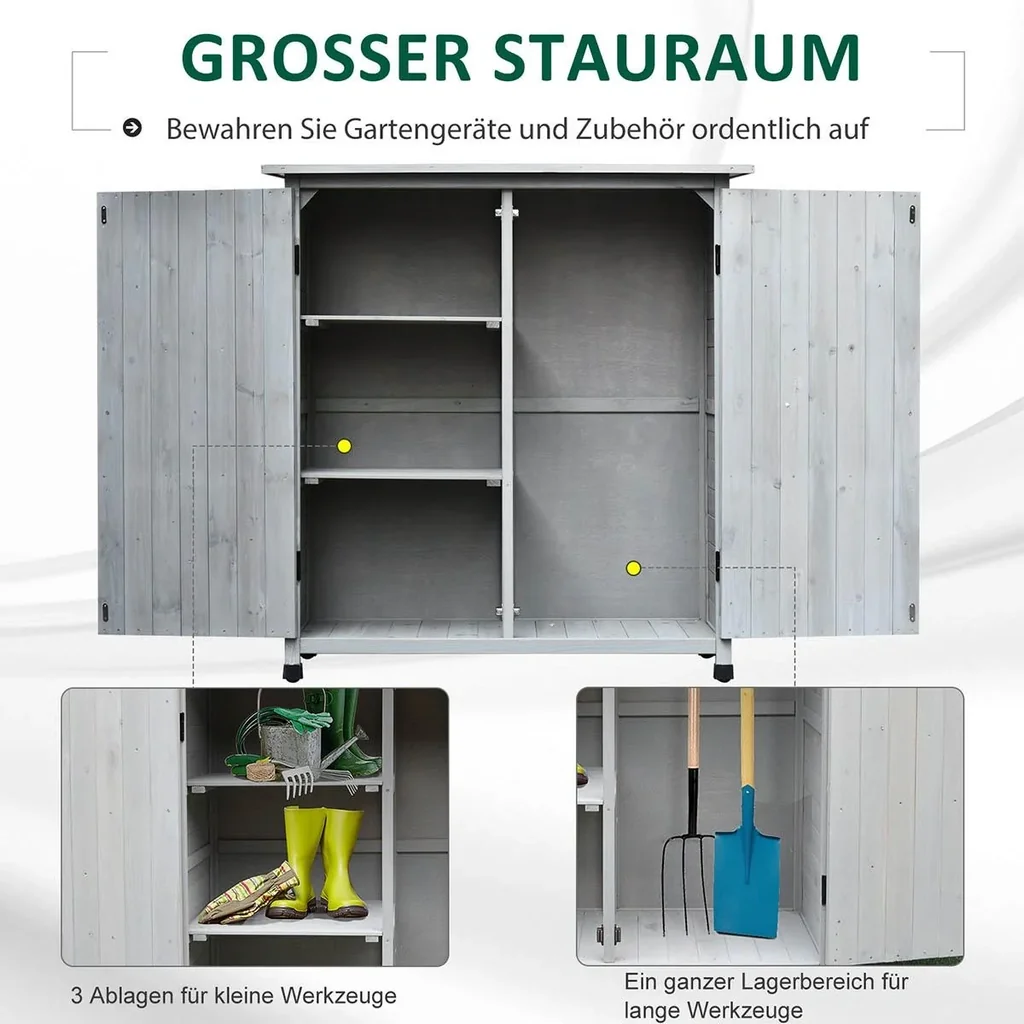 Gartenschrank Holz Geräteschrank mit 2 Tür Geräteschuppen mit Asphaltdach Grau 110 x 55 x117 cm