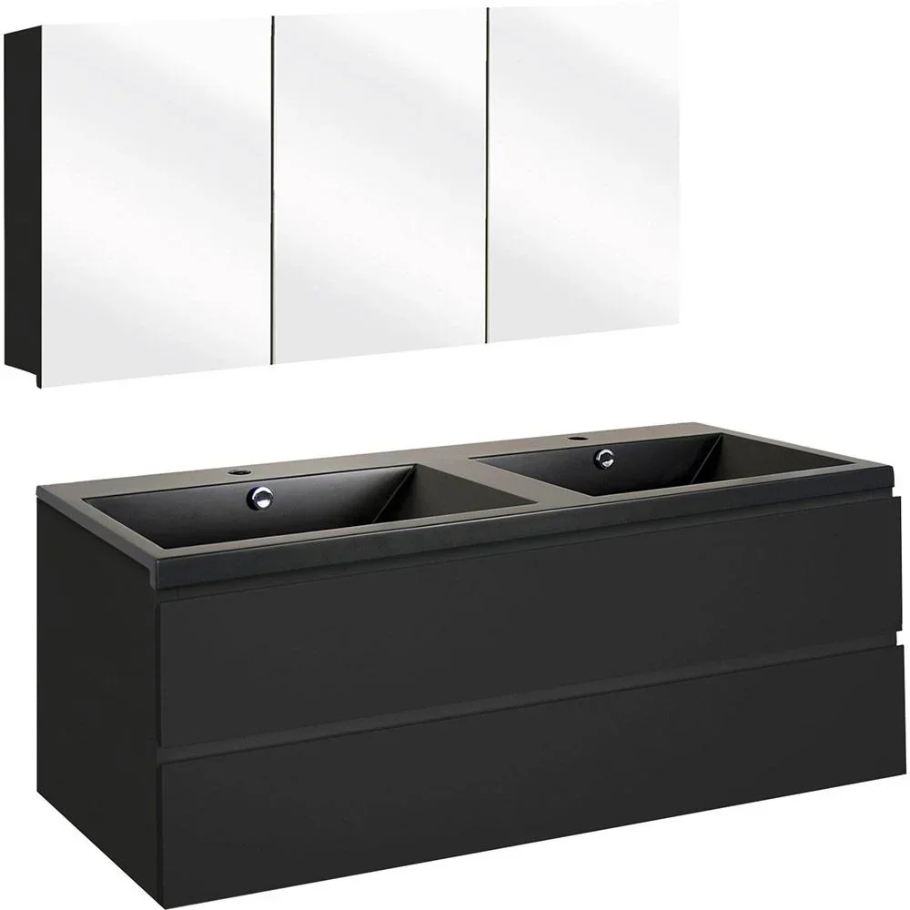 Concept Badezimmermöbel met Spiegelschrank 120cm - schwartz/schwartz