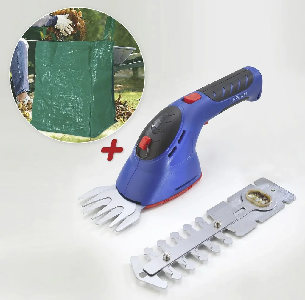Akku Gras- und Strauchschere mit Li-Ionen Akku 3,6 Volt + Gartensack, 80 l
