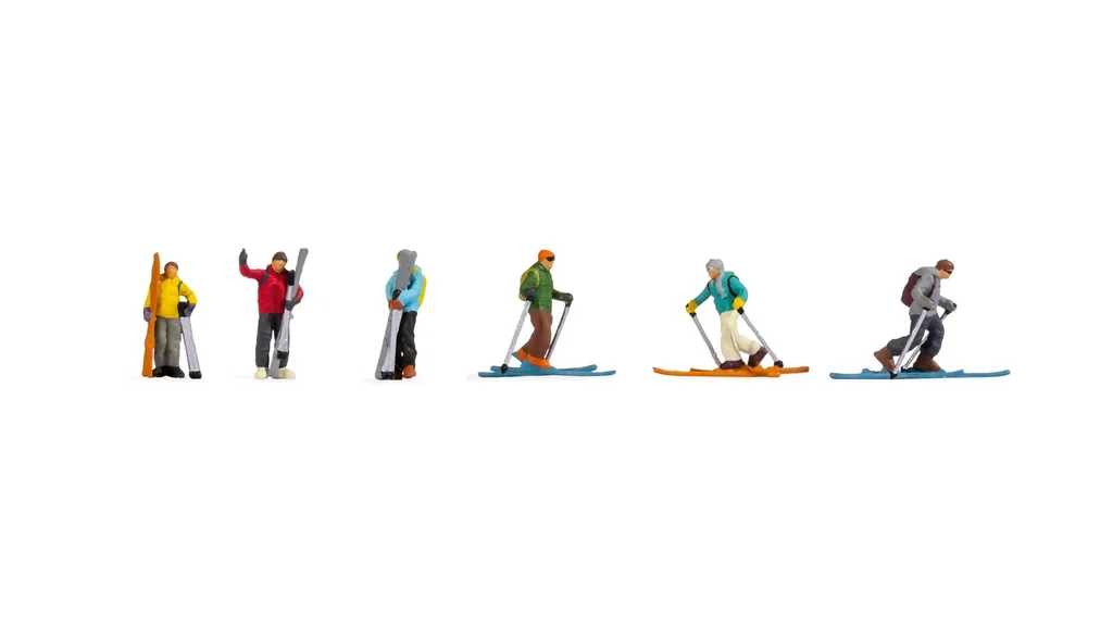 Skitourengeher, 3x Figuren auf Skieren + 3x Figuren mit Skiern tragend, Spur H0