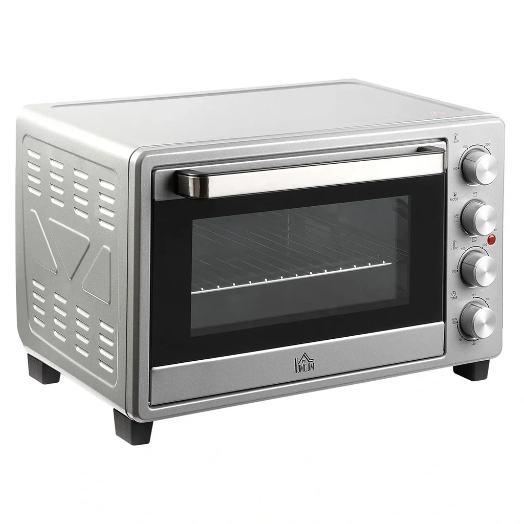 Minibackofen 32L mit Kochplatten Elektrischer Mini Ofen Drehspieß Boden mit Schlackenauffangwanne Metall Edelstahl Glas