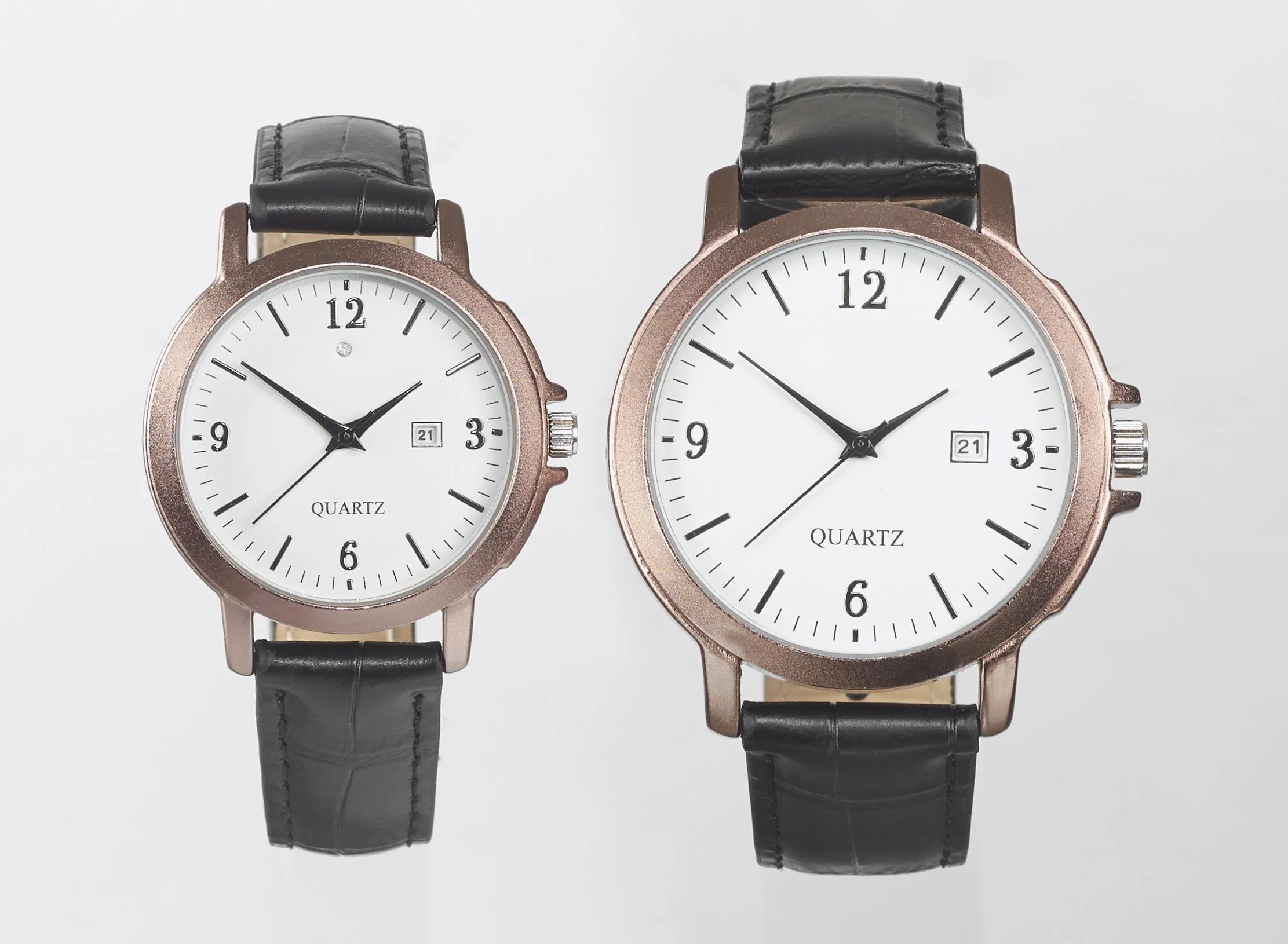 Uhren Set für Sie und Ihn - bronzefarben mit Echtlederarmband und Datumsanzeige