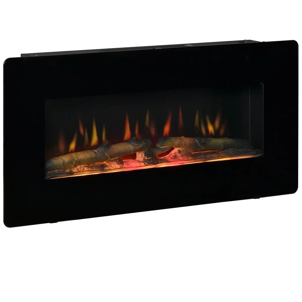 Elektrokamin Standkamin Kaminofen mit Flammeneffekt 1800/2000W Metall gehärtetes Glas Schwarz 91,4 x 11 x 44 cm