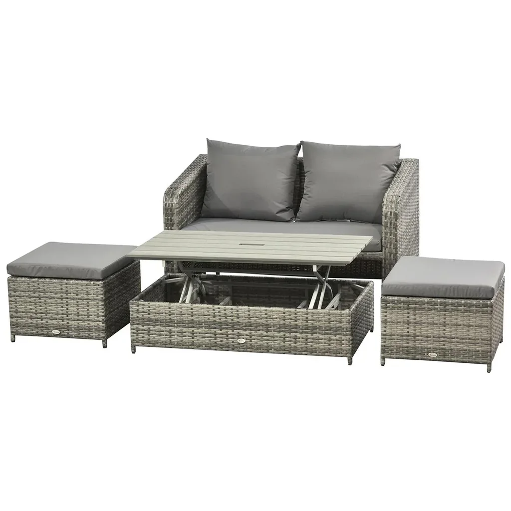 Polyrattan Sitzgarnitur 4 tlg. Sitzgruppe Gartenset Doppelsofa mit Hocker Tisch Sofagarnitur Gartenmöbel Set Lounge Grau
