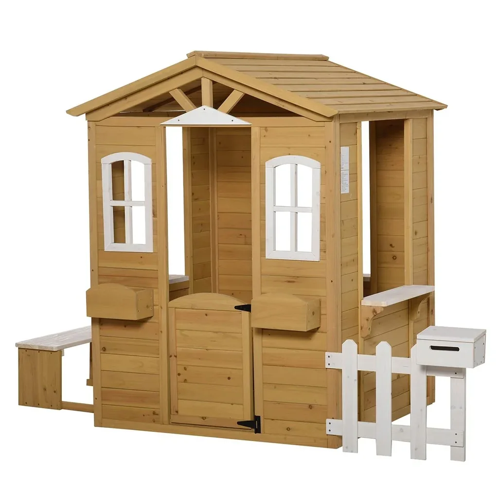 Kinderspielhaus mit Fenster Briefkasten Outdoor Gartenspielhaus mit Blumentopfrack Zaun Bank Holzspielhaus Tannenholz Na