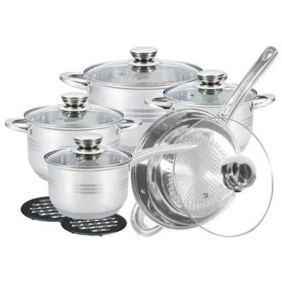 Töpfe und Pfannen - 12 Stück - Mit Untersetzern und Deckeln - Bratpfanne - Fritteuse - Eintopf - Silber