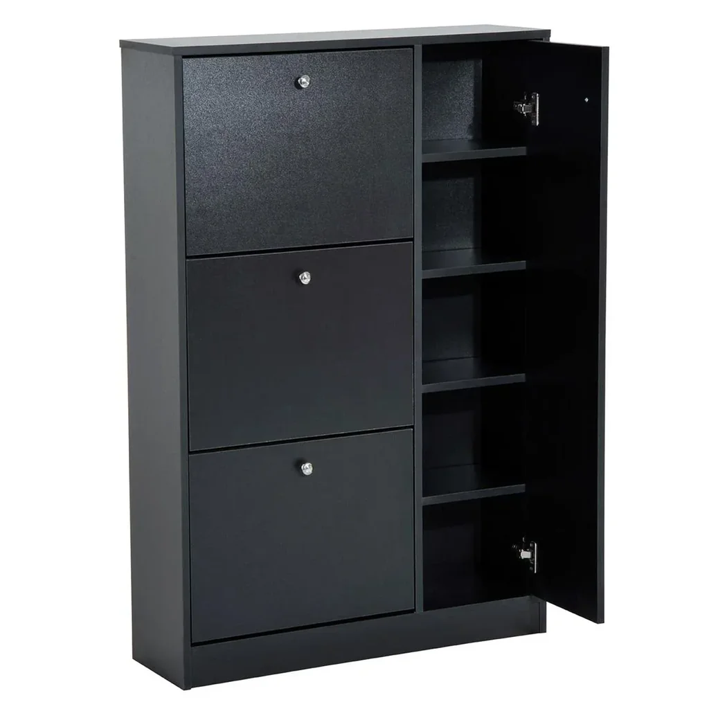 Schuhschrank Schuhkipper Schuhständer Schuhregal mit 3 Klappe und Anti-Rückwärts-Zugbügel 22-28 Paar 80x24x120cm Schwarz
