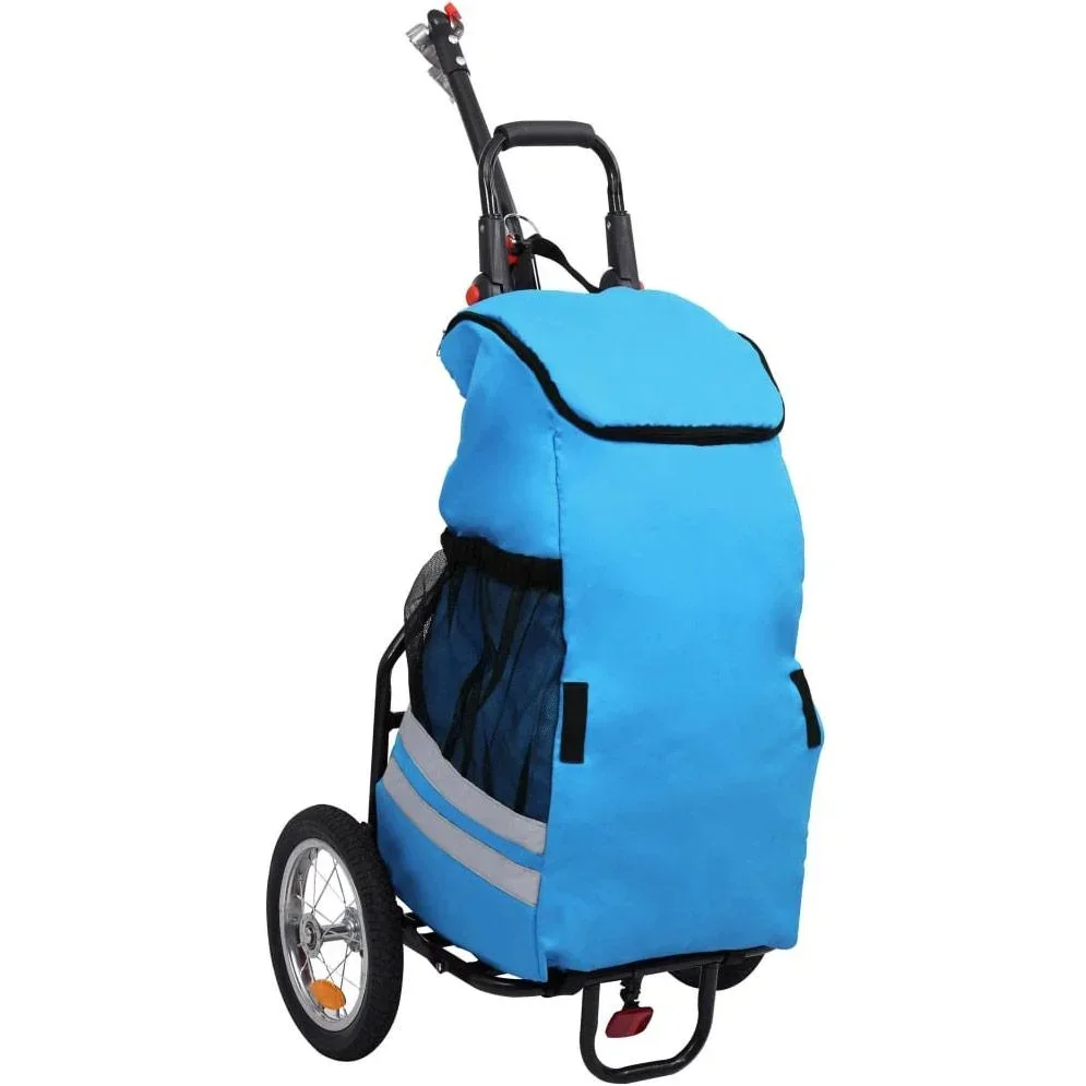 Zusammenklappbarer Fahrradanhänger mit Einkaufstasche blau und schwarz
