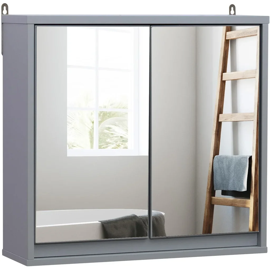 Badschrank Hängeschrank Badmöbel Wandschrank Spiegelschrank Holz Grau 48 x 14,5 x 45 cm