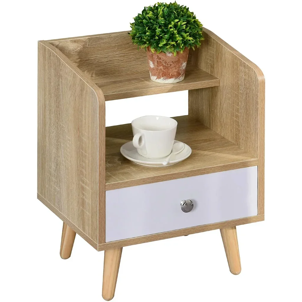 Nachttisch natur mit Schublade und Regal Massivholz
