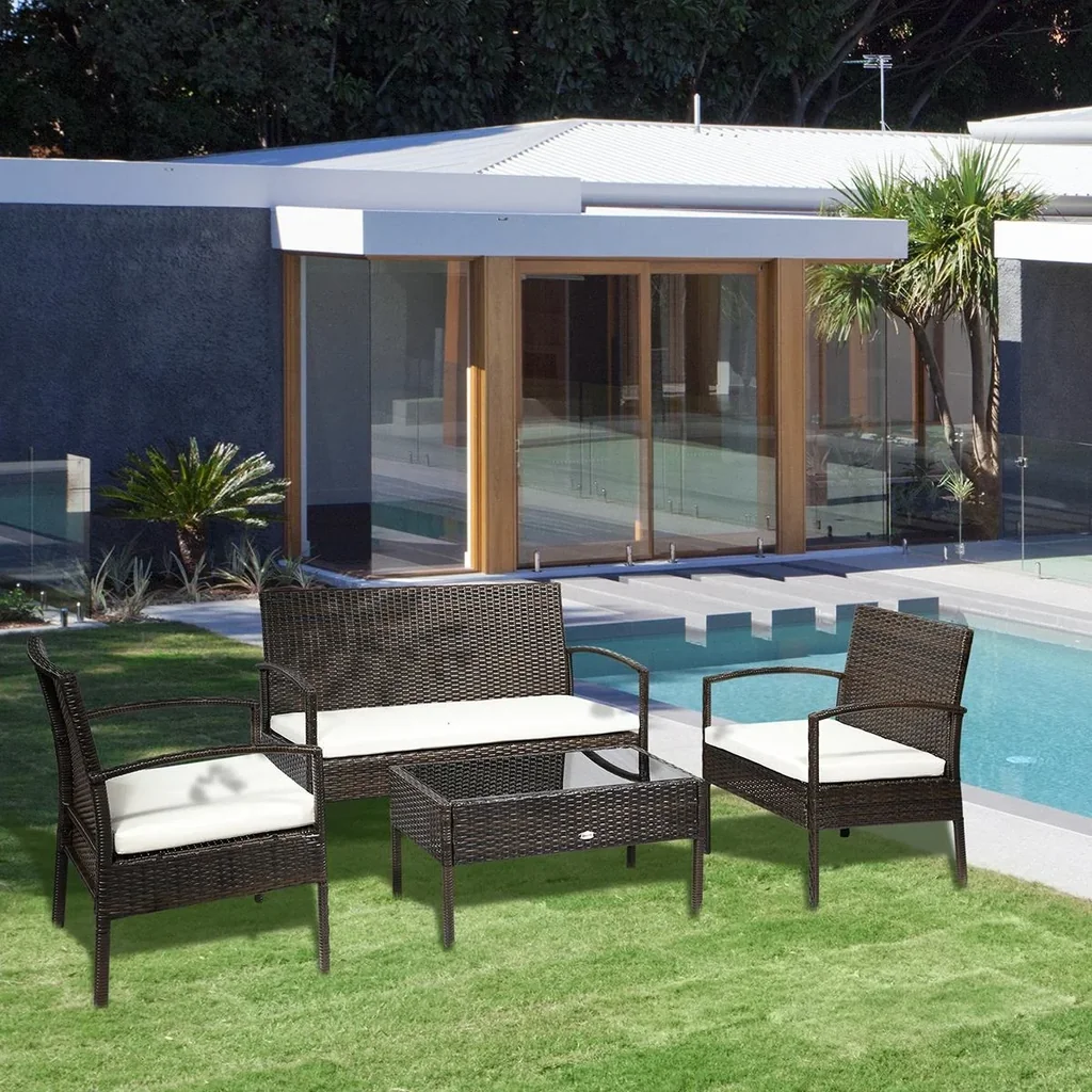 Polyrattan Gartenmöbel Set 4-teiliges Rattensofa-Set Sitzgruppe Sitzgarnitur für Pause Lounge Teetisch mit Sofa Sitzkiss