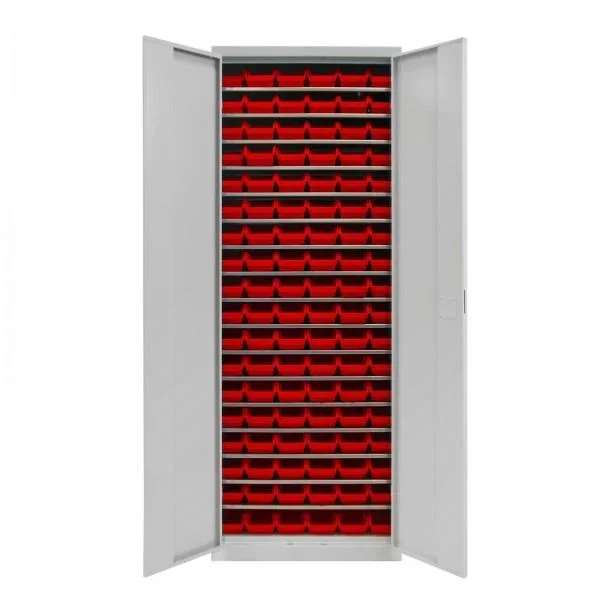 Regalschrank mit Tür, 17 Fachböden, 108 Lagersichtkästen Gr. 2L