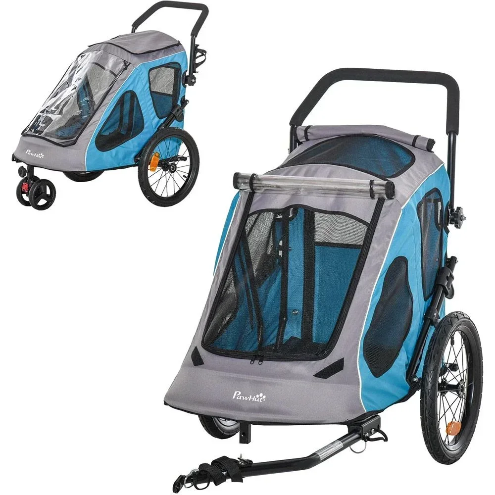 Fahrradanhänger für Hunde blau, grau, schwarz