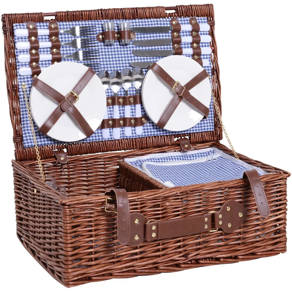Picknickkorb für 4 Personen Picknickkoffer Picknickset mit Kühltasche Utensilien Glas Braun 54 x 34 x 20 cm