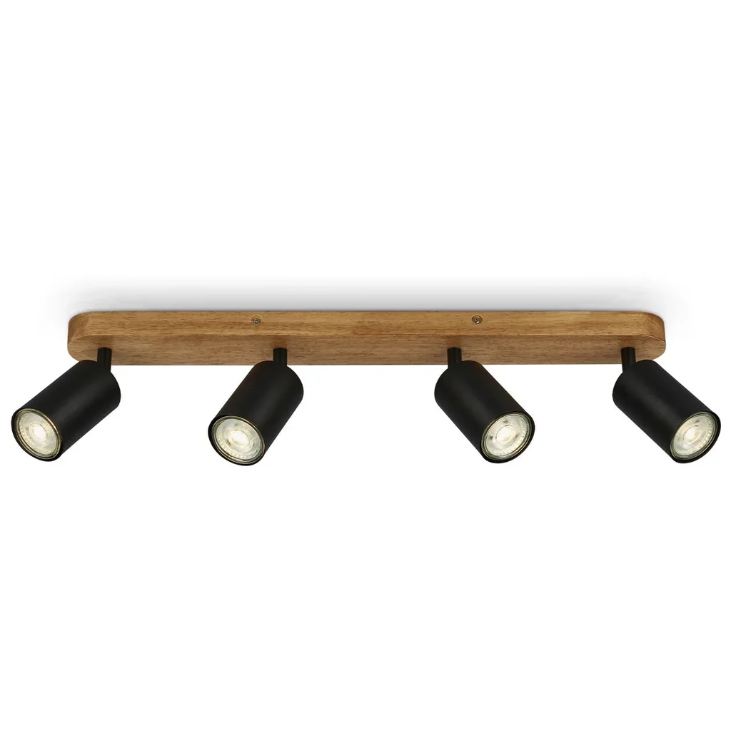 Vintage Spotleuchte 4-flammig, schwarz mit Holzbaldachin, 4 x GU10 Fassung