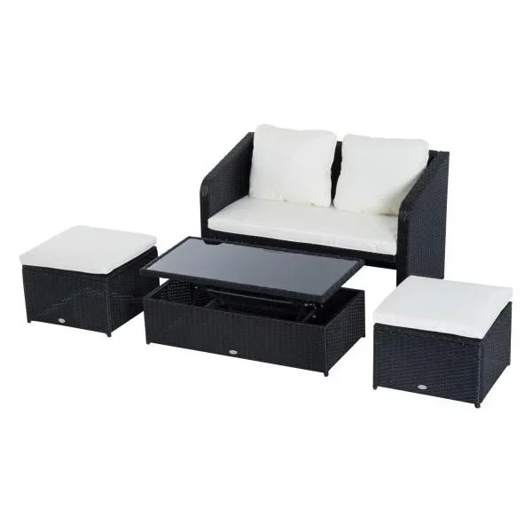 4-tlg. Polyrattan Gartenmöbel Sitzgruppe Lounge mit Kissen Schwarz 1 x Doppelsofa 1 x Couchtisch 2 x Hocker