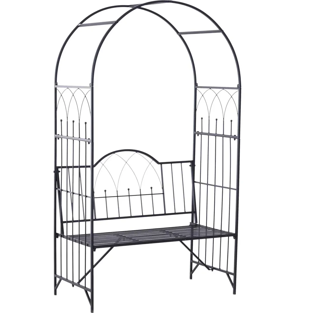 Rosenbogen mit Bank Rosenbank Laubenbank Philosophenbank Gartenbank Metall Schwarz 115 x 59 x 203 cm