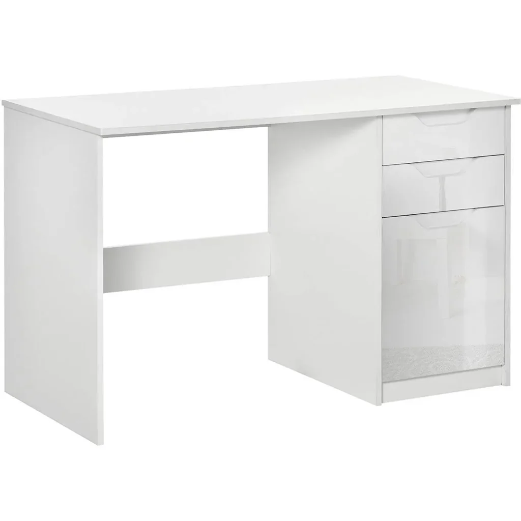 Schreibtisch Computertisch mit 2 Schubladen Schrank Arbeitstisch Bürotisch große Tischplatte Hochglanz Weiß 120 x 60 x 7