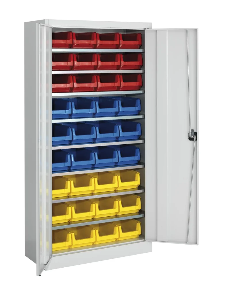 Flügeltürenschrank MKST 3/19 C, lichtgrau mit 3 x 12 farbige Magazinkästen Gr. 3