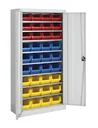Flügeltürenschrank MKST 3/19 C, lichtgrau mit 3 x 12 farbige Magazinkästen Gr. 3