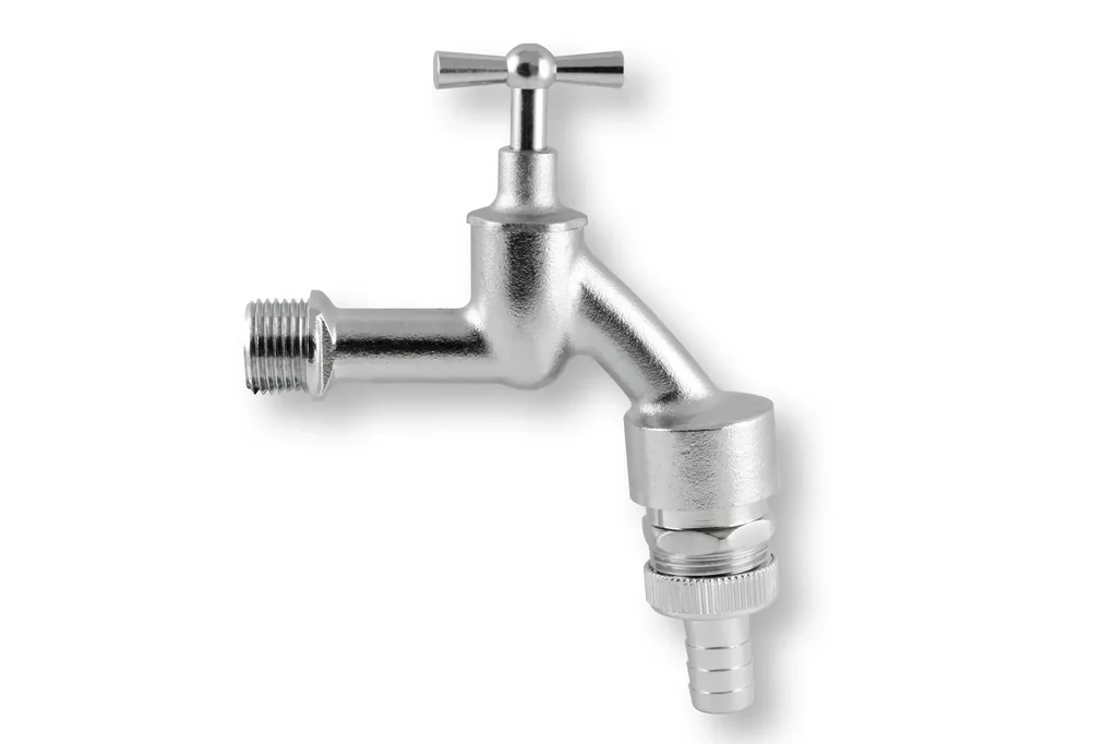 Auslaufhahn 1/2" matt verchromt mit Knebelgriff und Schlauchverschraubung
