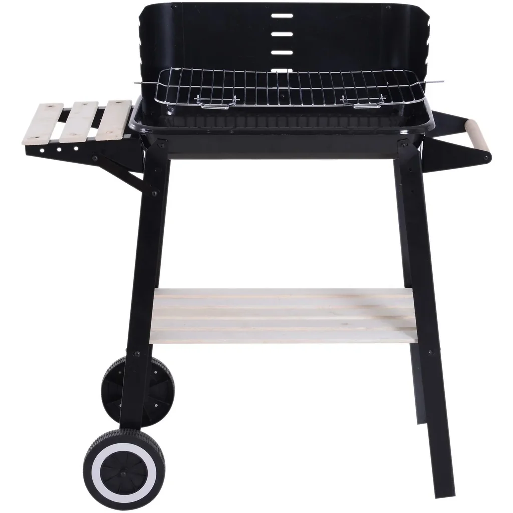 Grillwagen Standgrill Holzkohlegrill mit Windschutz 2 x Ablagefach höhenverstellbar Grillrost Metall Schwarz 87 x 45 x 8