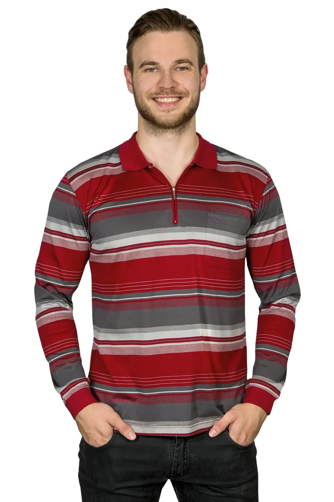 Poloshirt mit Reißverschluß, Farbe rot/gestreift, Gr.2XL