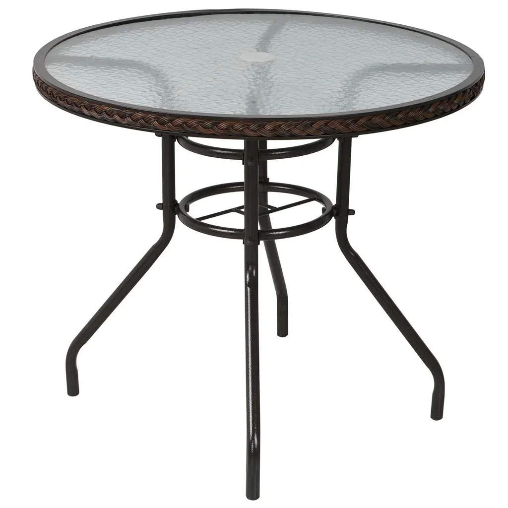 Rattan Gartentisch runder Esstisch Glastisch Gartenmöbel Tisch Polyrattan+gehärtetes Glas Braun Ø80 x 71H cm