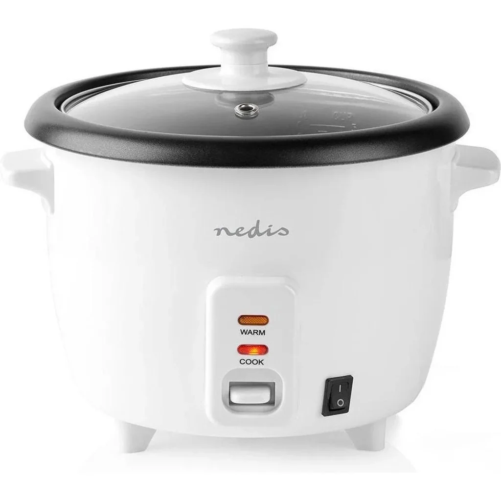Nedis Reiskocher Abnehmbare Pfanne 1.5L Dämpfdorn Glasdeckel Inkl. Messbecher und Schöpfkelle 500W Weiß