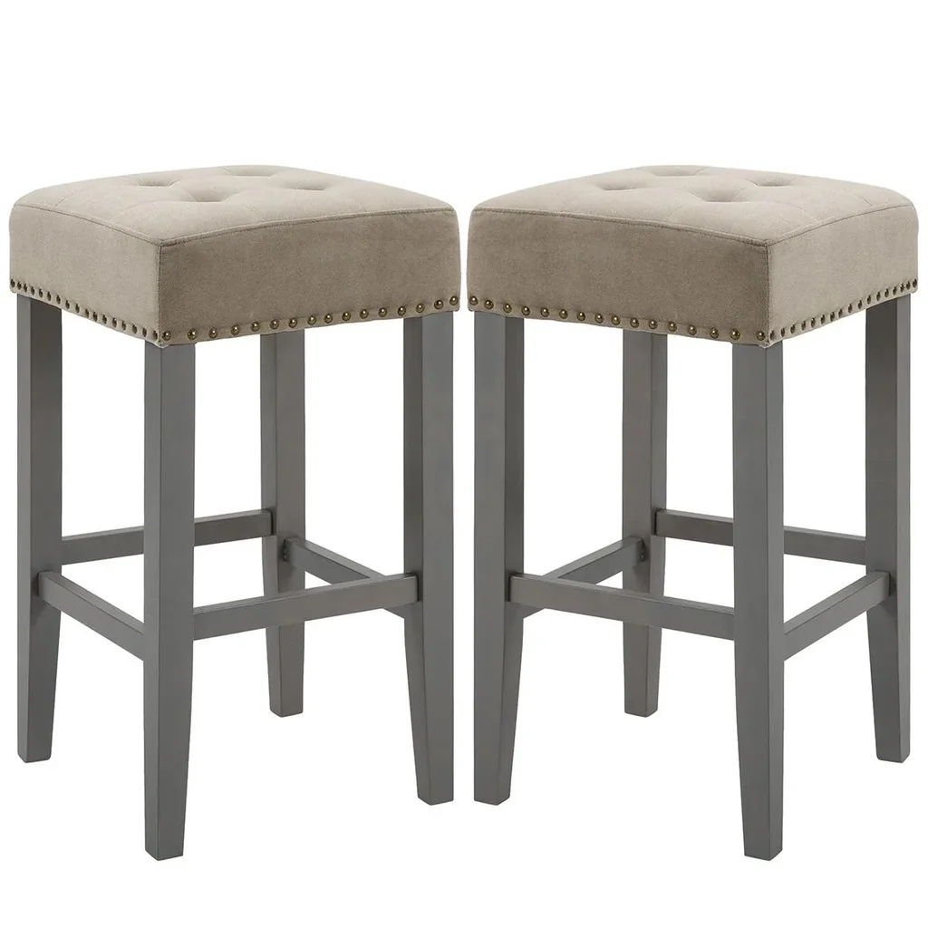 2er-Set Barhocker Esszimmerhocker mit Fußstütze atmungsaktiv Polyester-Gewebe Gummiholz Schaumstoff Grau 38,5 x 38,5 x 6