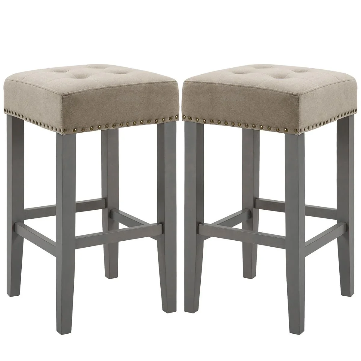 2er-Set Barhocker Esszimmerhocker mit Fußstütze atmungsaktiv Polyester-Gewebe Gummiholz Schaumstoff Grau 38,5 x 38,5 x 6