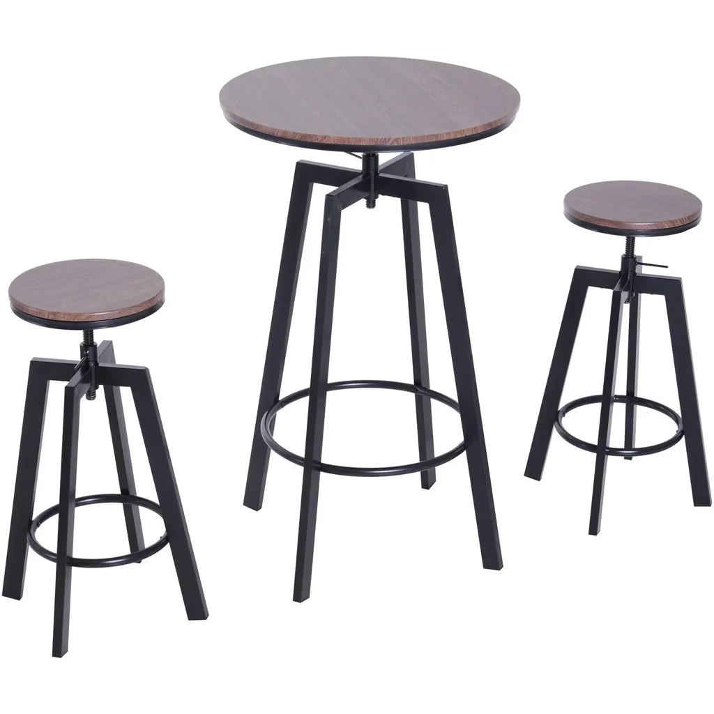 3-teilige Essgruppe Sitzgruppe Esstisch Holztisch dunkle Naturholzoptik mit 1 Tisch + 2 Hockern