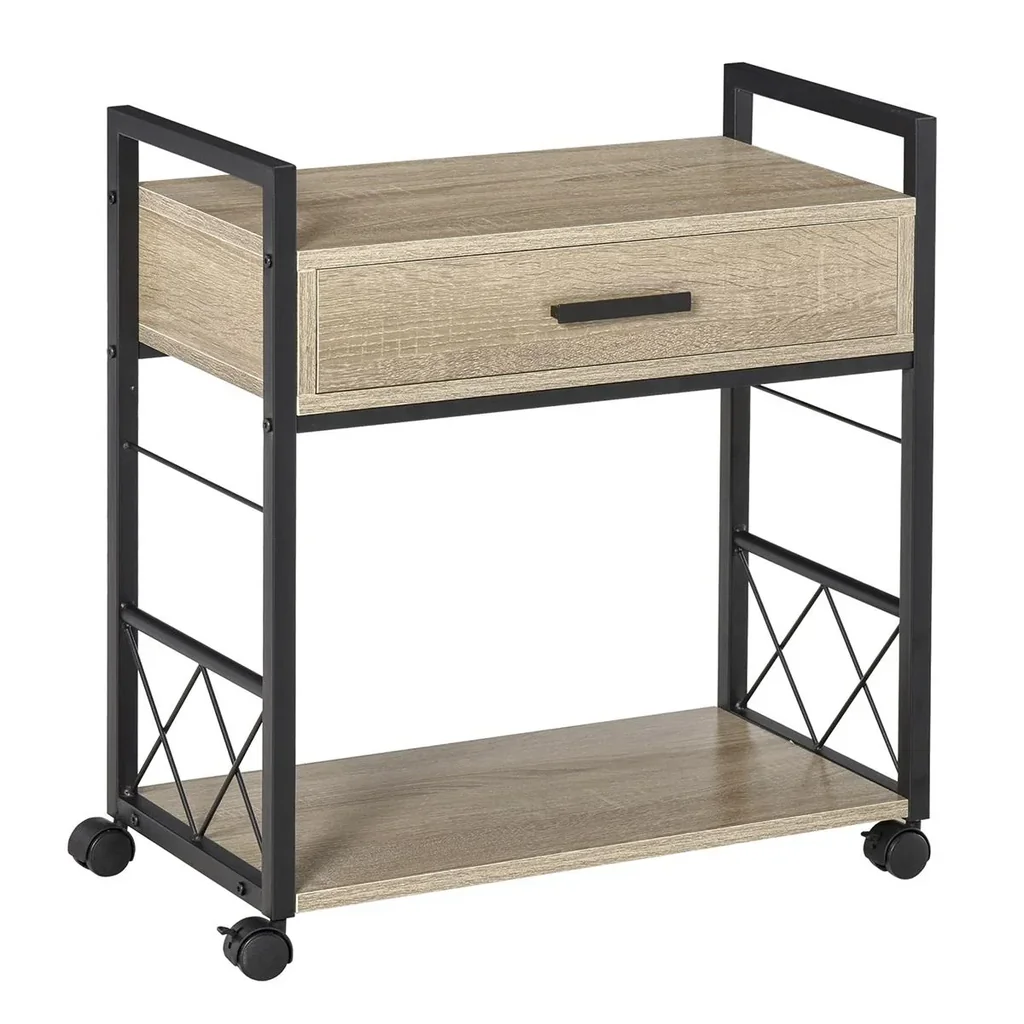 Beistelltisch Servierwagen mit Rädern Küchenwagen Kaffeetisch mit Schublade Ablage Sideboard beweglich Spanplatte Natur