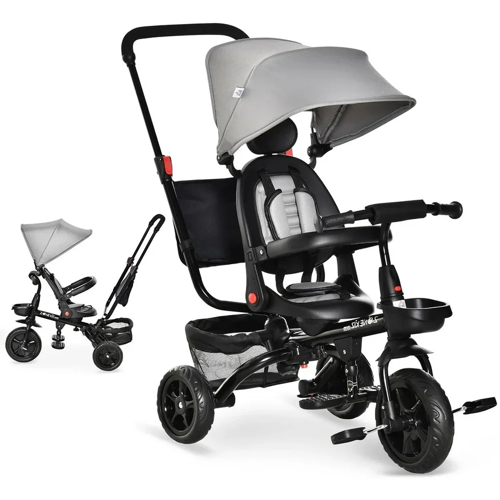 4-in-1 Kinderdreirad Kinder Fahrrad mit Sicherheitsgurt und Sonnendach Dreirad Kinderauto Kinderwagen PP-Kunststoff PA